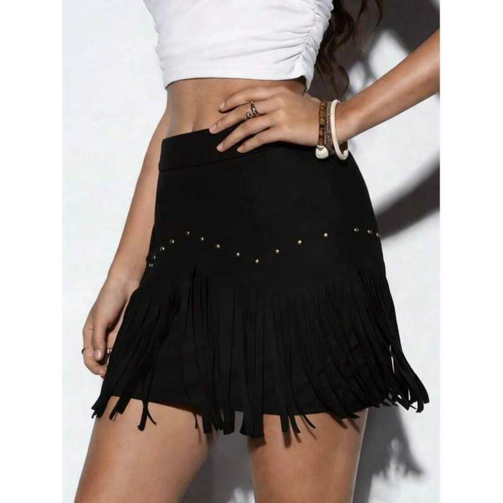 Women's Vintage Fringe Hem A-Line Skirt - Solid Brown Short Style, Fitted Silhou - Picture 5 of 6